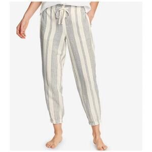 Eddie Bauer Linen Cotton Jogger Pants Striped White Blue Summer Sz 10 Pockets